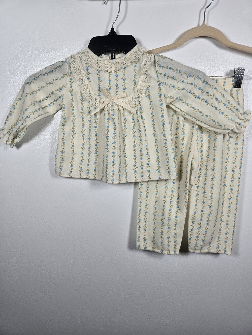 Vintage 80s Kid-Napers By Stone 2pc Cream Blue Floral Pajama Set Toddler Size 3T